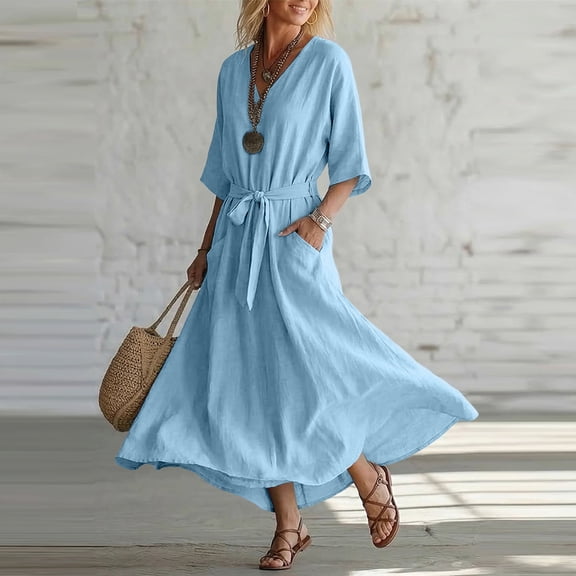 Uscallm Women Plus Size V Neck 3/4 Sleeve Tie Flowy Boho Maxi Dresses for Women Solid A-Line Long Casual Travel Dresses, Light Blue S
