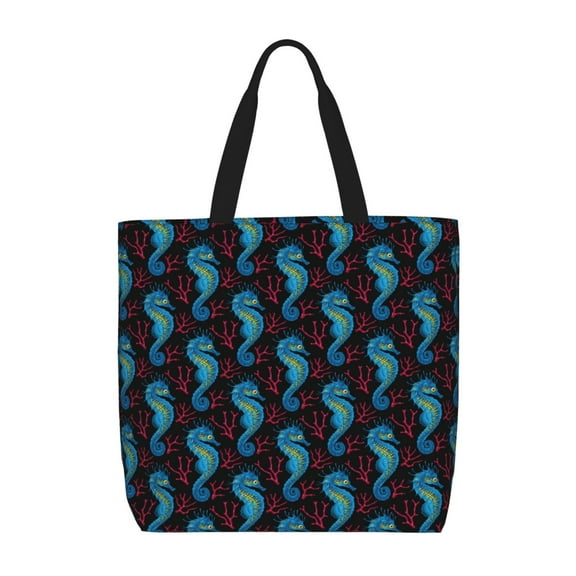 Naloa Blue Seahorse Tote Bag for Women, Foldable Tote Bag With Zipper, Large Shoulder Bag, Top Handle Handbag for Travel, Work, Shopping