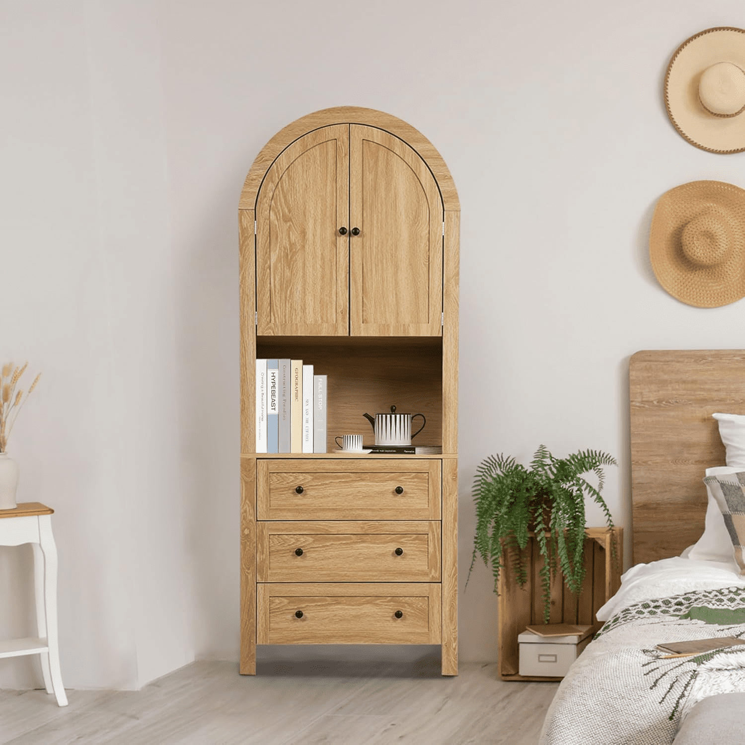 LEFHDA 6-Tier Arched Storage Cabinet with Drawer, Cabinet with Doors and Countertop, Arched Bookcase with Storage, Kitchen Pantry Cabinet, Wooden Storage Cabinet for Living Room