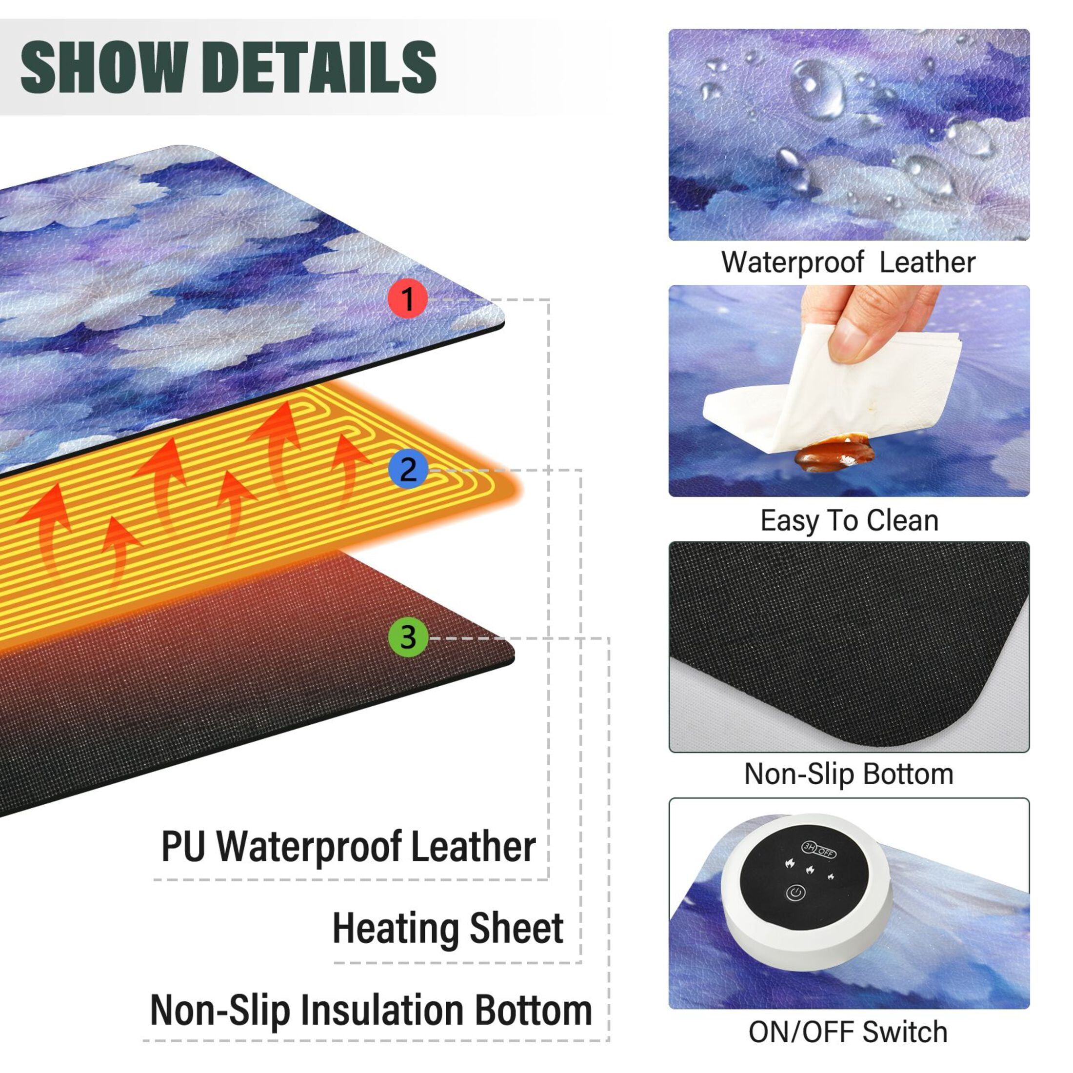 Large Heated Desk Mat Mouse Pad 31.5"x13"PU Leather Graphene Heating Desk Warmer with 3 Temperature Settings 110V US Plug Non-Slip Warm Pad for Home, Office, and Gaming Starry Watercolor Floral Print