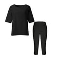 thumbnail image 4 of Paiyanr Cotton Linen Sets for Women Summer Breathable Tops Capris 2 Piece Outfits Loose Casual Solid Color Flax Round Neck 3/4 Sleeve Tops Cropped Pants Set, 4 of 6