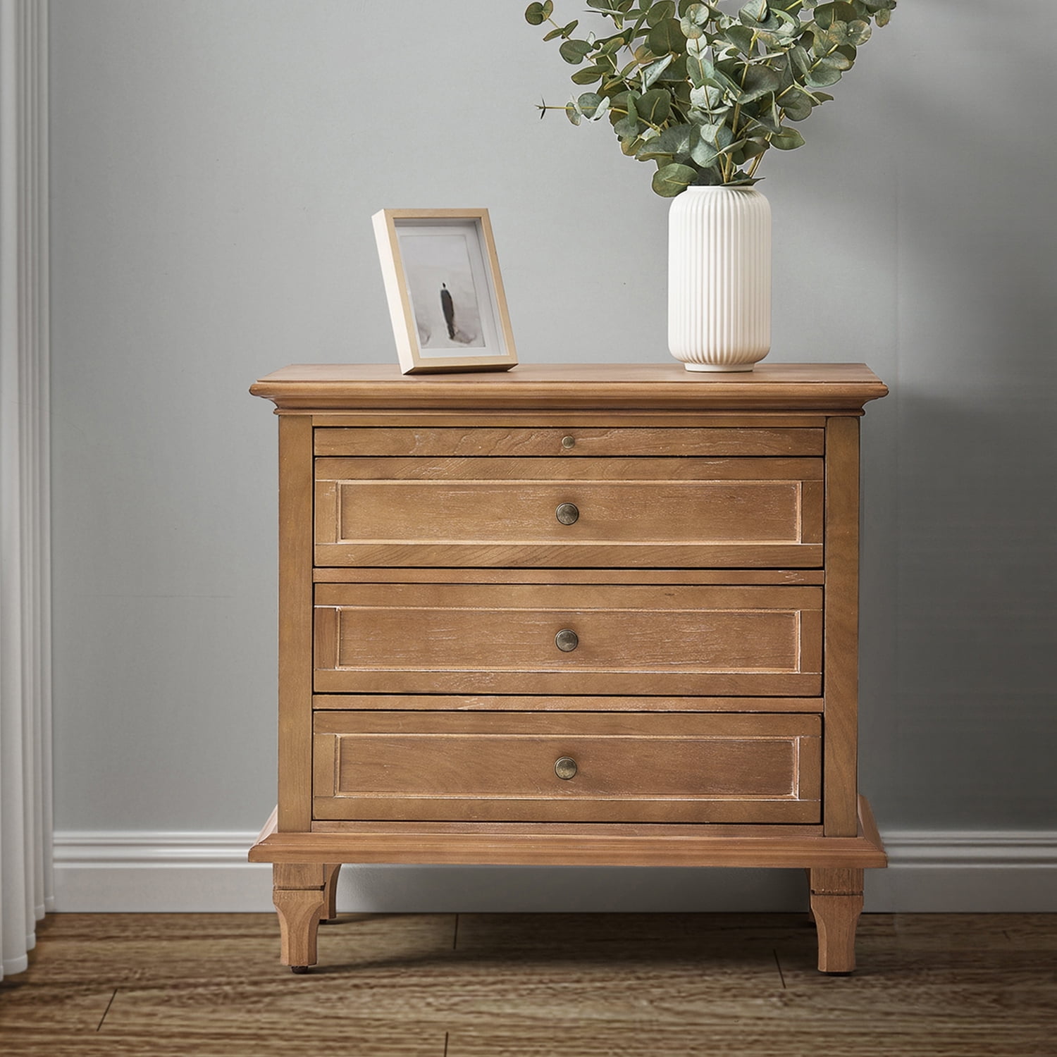 Tina's Home Farmhouse Acorn Soild wood End Table with Charging Station, 3 Drawer Side Table with Pull-Out Tray for Living Room, Small Spaces