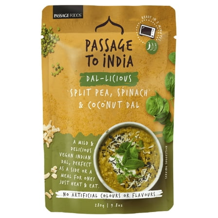 Passage to India Heat-and-Eat Split Pea, Spinach, and Coconut Dal - 9.8 oz, Mild Vegan Delight by Passage Foods