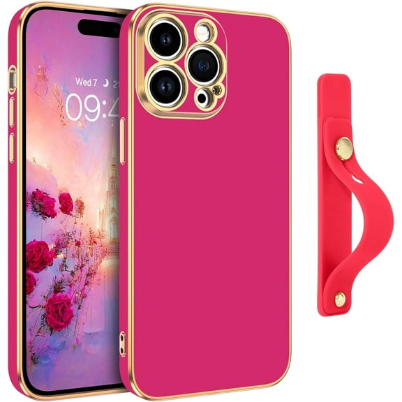 Compatible with iPhone 14 Pro Case, Adjustable Wristband Kickstand Scratch Resistant Shockproof Slim Fit Soft TPU Protective Phone Cover for iPhone 14 Pro 6.1"-Hot Pink