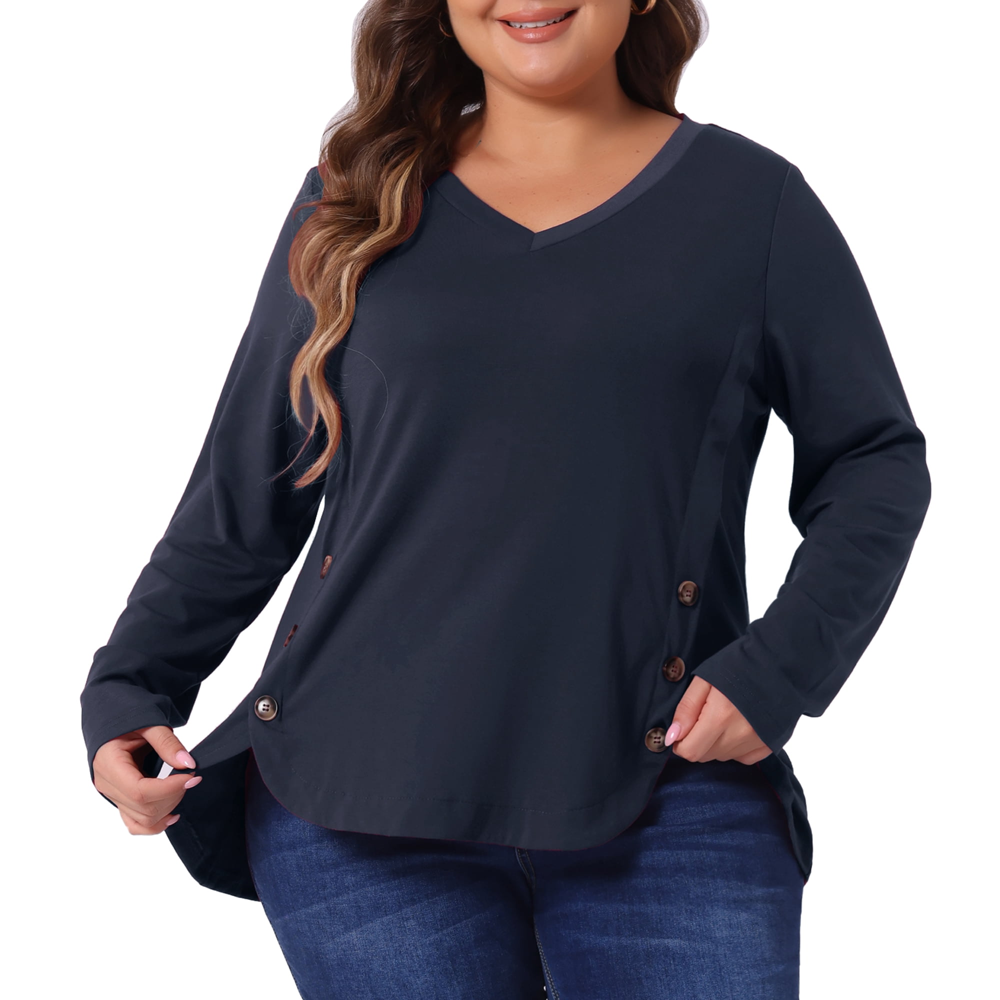 DARING DIVA Women's Plus Size Long Sleeve Button Side Swing Blouses 4X Navy Blue