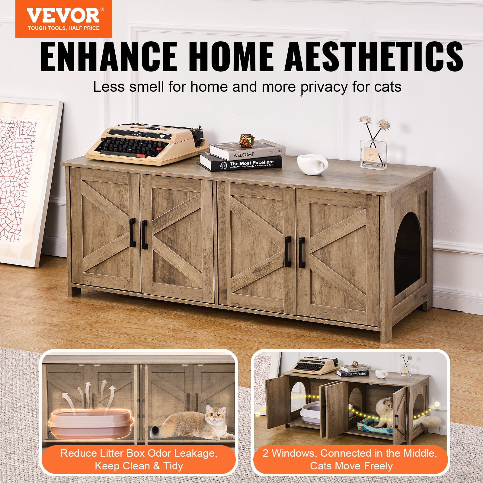 VEVOR Cat Litter Box Enclosure for 2 Cats, Litter Box Furniture Hidden with Double Rooms, Wooden Cat Box Cabinet Fit Most of Litter Box, 47.2"L x 18.5"W x 19.7"H, Greige