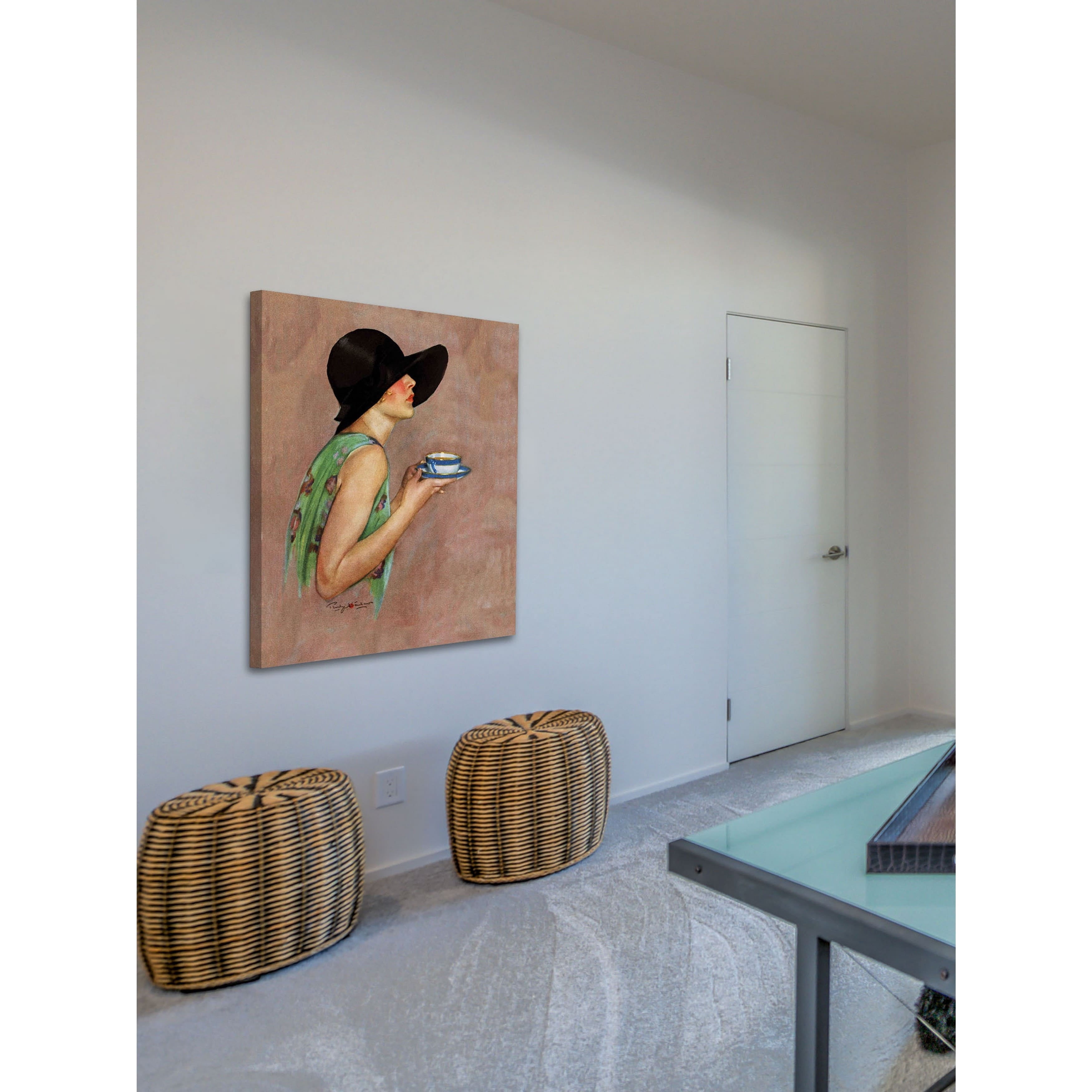 "Lady in Wide Brim Hat Holding Tea Cup" Painting Print on Canvas