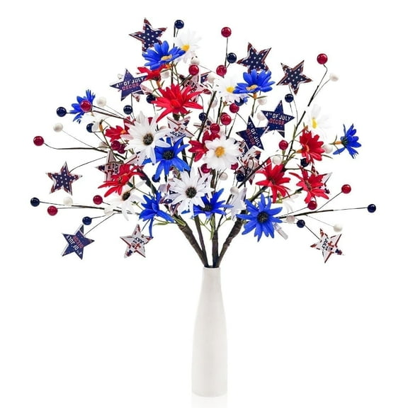 4th of July Patriotic Decoration Artificial Flower Berry Stem Picks for Independence Day Table Centerpieces Decoration (White Blue Red Flower 4PCS)