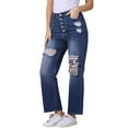 thumbnail image 1 of Jeans rasgados para mujer INSPIRE CHIC, con botones frontales, elásticos, agujeros destruidos, de tiro alto, color azul profundo, 1 of 6