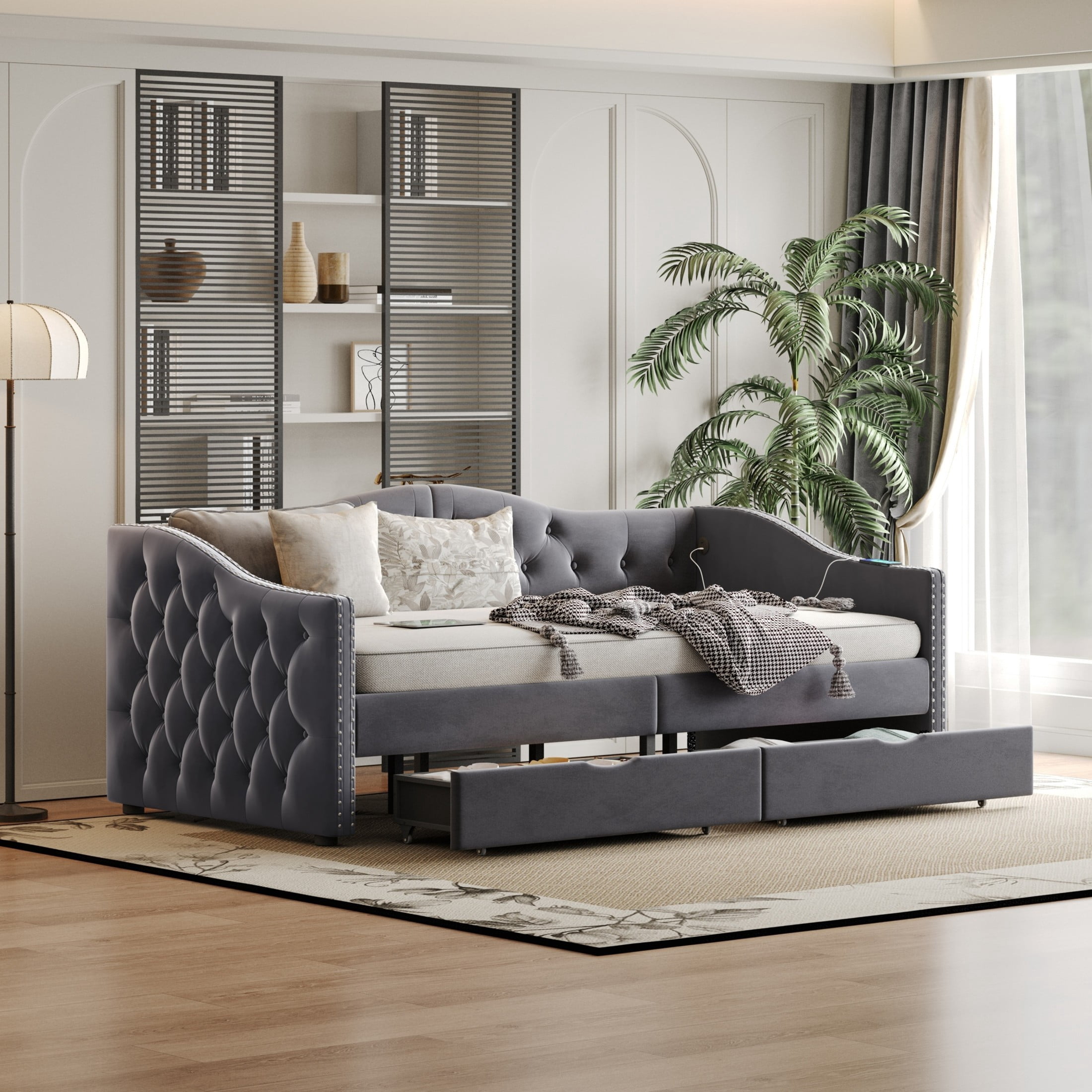 Noble House Desmond Full Boucle Daybed with Storage Drawers, Upholstered Tufted Cloud Bed Frame with USB Charging, Gray