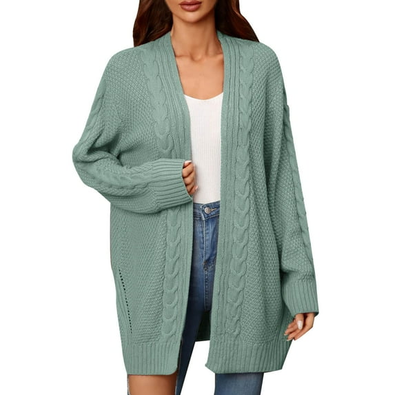 Solid Color Cardigan Long Cable Knitted Sweater Fashion Loose Knitwear Autumn Women Coat Open Front Warm Pullover Pockets Round Neck Outwear