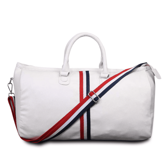 STRUTT White Duffel Bag with Red and Blue Stripes, Lightweight, Spacious, Collapsible with Detachable Shoulder Straps