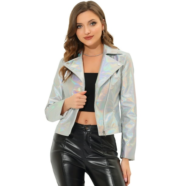 Chaqueta metalizada Allegra K estilo motorista con cremallera holográfica para mujer Plata XS