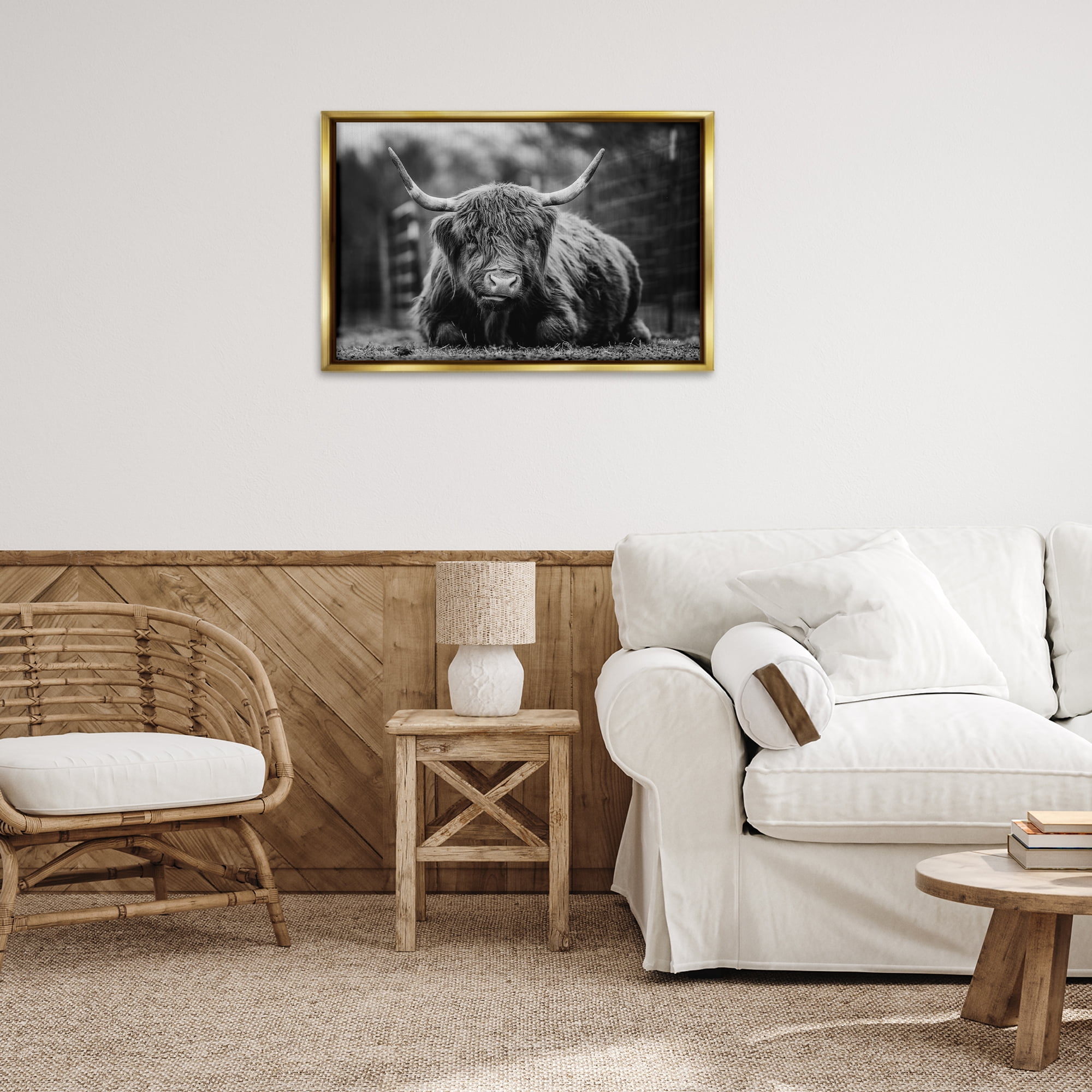 Stupell Industries Cattle Laying in Grass Animals & Insects Photography Gold Floater Framed Canvas Art Print Wall Art, 31 x 21