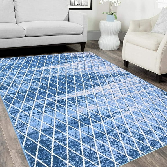Moroccan Trellis/Diamond Pattern Area Rug- Blue/White