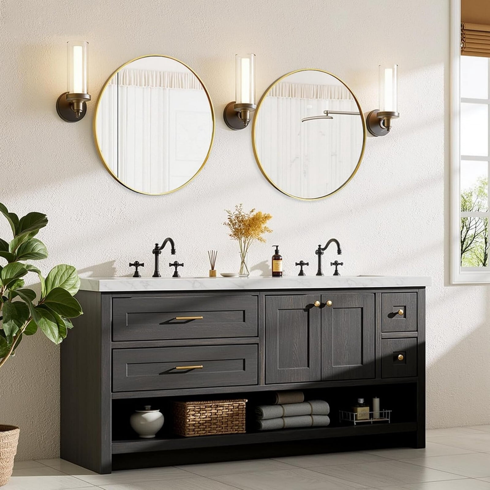 AUROMIR 24" Round Bathroom Mirror Wall Mounted Modern Vanity Mirror, Gold