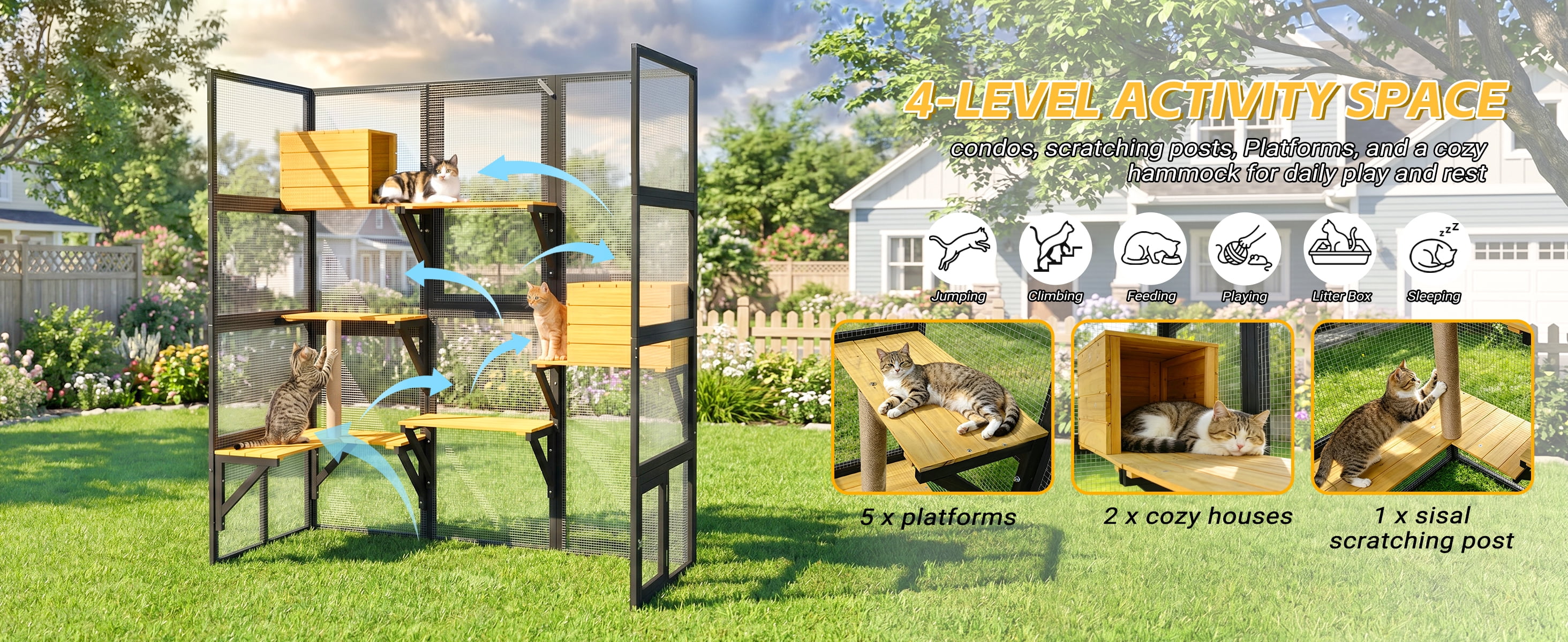 Generic Cat Catio Outdoor Enclosure - Large Wooden Walk-in Cat House - 2 Condos, 5 Platforms, Weatherproof Roof