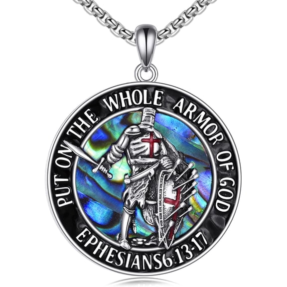 JUSORA Armor of God Necklace 925 Sterling Silver Knights Templar Abalone Shell Put on the Full Armor of God Pendant Christian Saint Religious Jewelry for Men Women