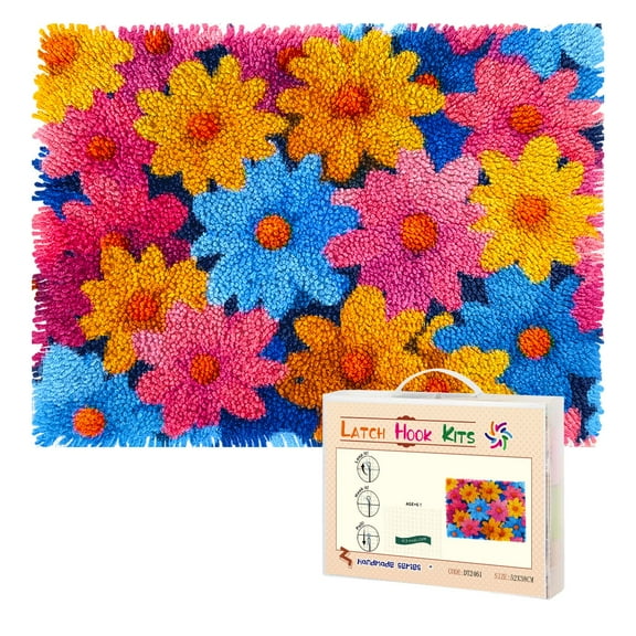 Latch Hook Rug Kit Daisies in Vibrant Colors Pre-Printed Handmade Carpet Crochet Yarn Craft DIY Hook and Latch Door Mat Tapestry for Home Floor Decoration 52x38cm-3