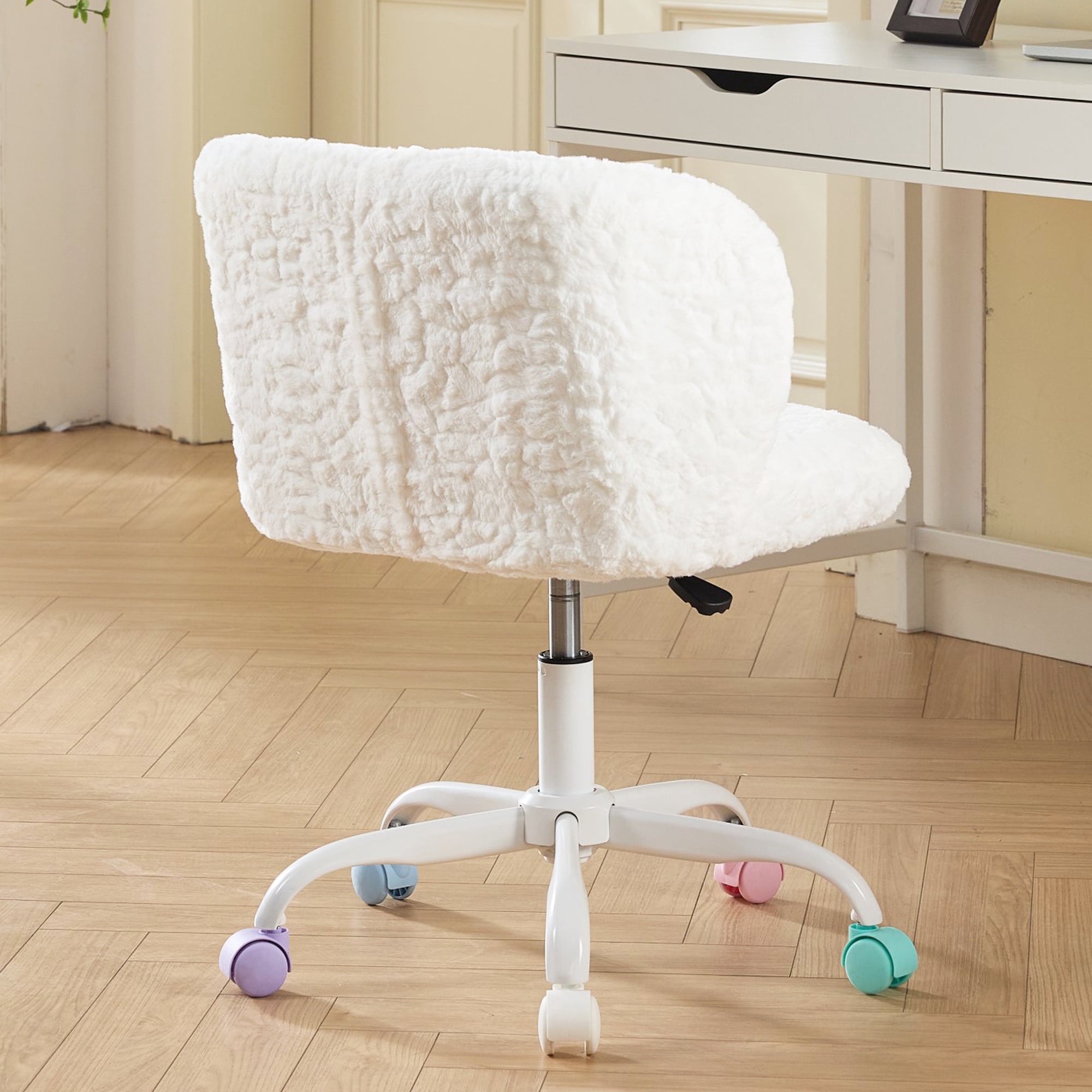 PAPROOS Vanity Chair with Wheels, Home Office Chair, Cute Makeup Desk Chair with Artificial Alpaca Wool Fabric, Adjustable Swivel Task Computer Chair for Bedroom, Ivory