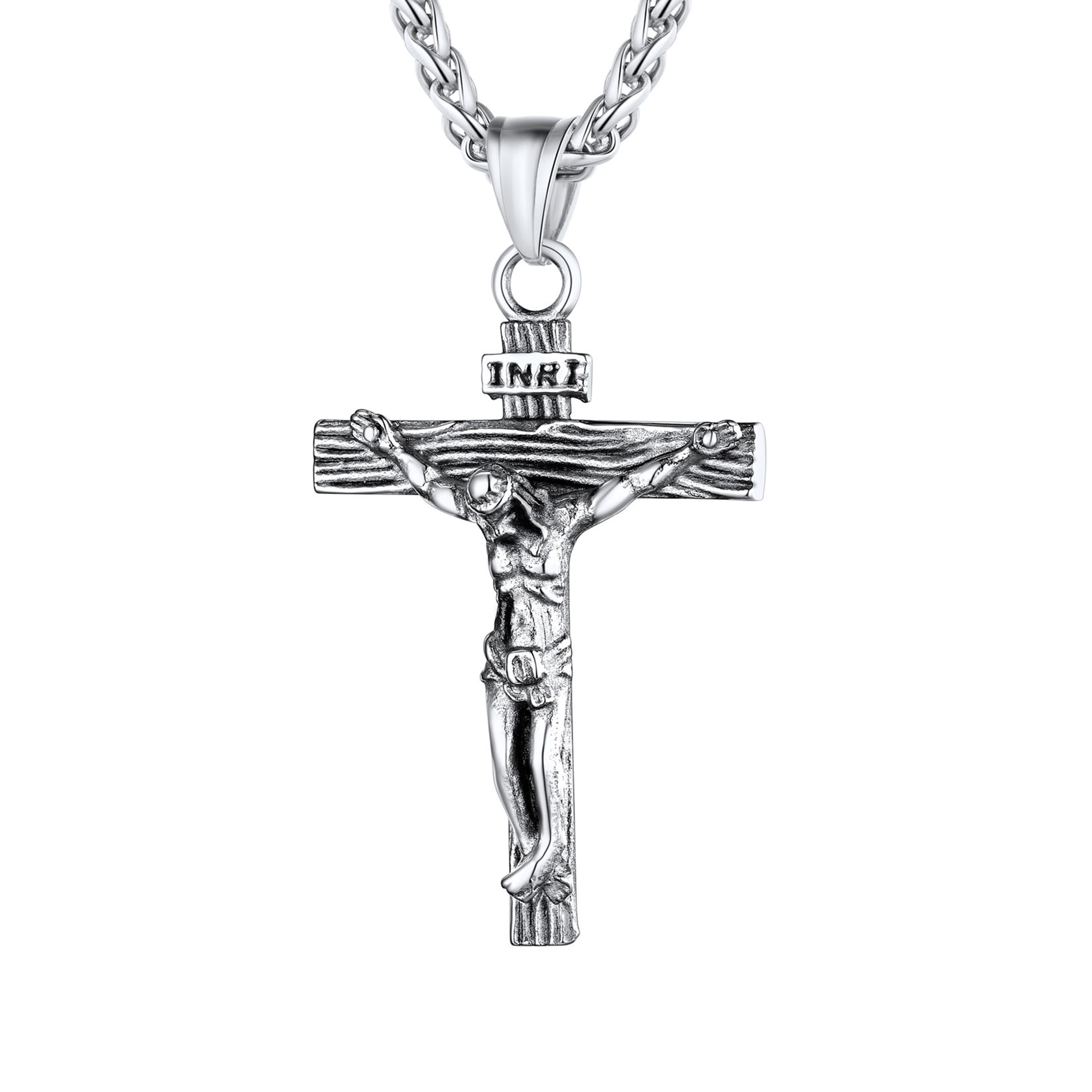 U7 Men Cross Necklace Silver Jesus Crucifix INRI Cross Pendant for Women with 24" Chain Stainless Steel Christmas Day Gift