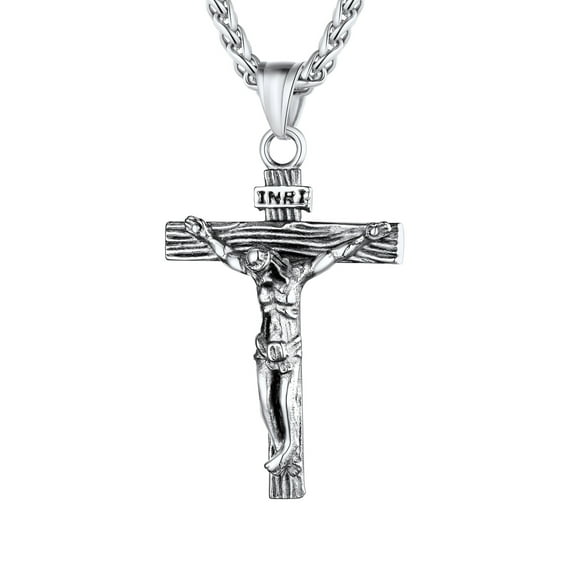U7 Men Cross Necklace Silver Jesus Crucifix INRI Cross Pendant for Women with 24" Chain Stainless Steel Christmas Day Gift