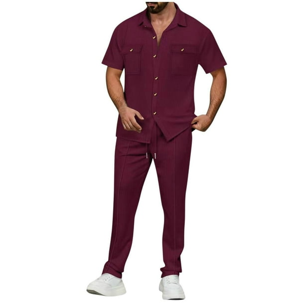 Pantalones Elásticos de la Cintura de los Hombres de Color Sólido Cuello de Vuelta de Manga Corta, Set Deportivo Casual de Bolsillo