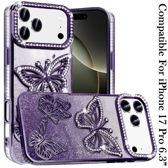 For Apple iPhone 17 Pro (6.3") Phone Case, Luxury Butterfly Sparkle Glitter Diamond Crystal Rhinestone Shimmer Bling Plating Thick TPU Hard PC Cover for iPhone 17 Pro - Purple