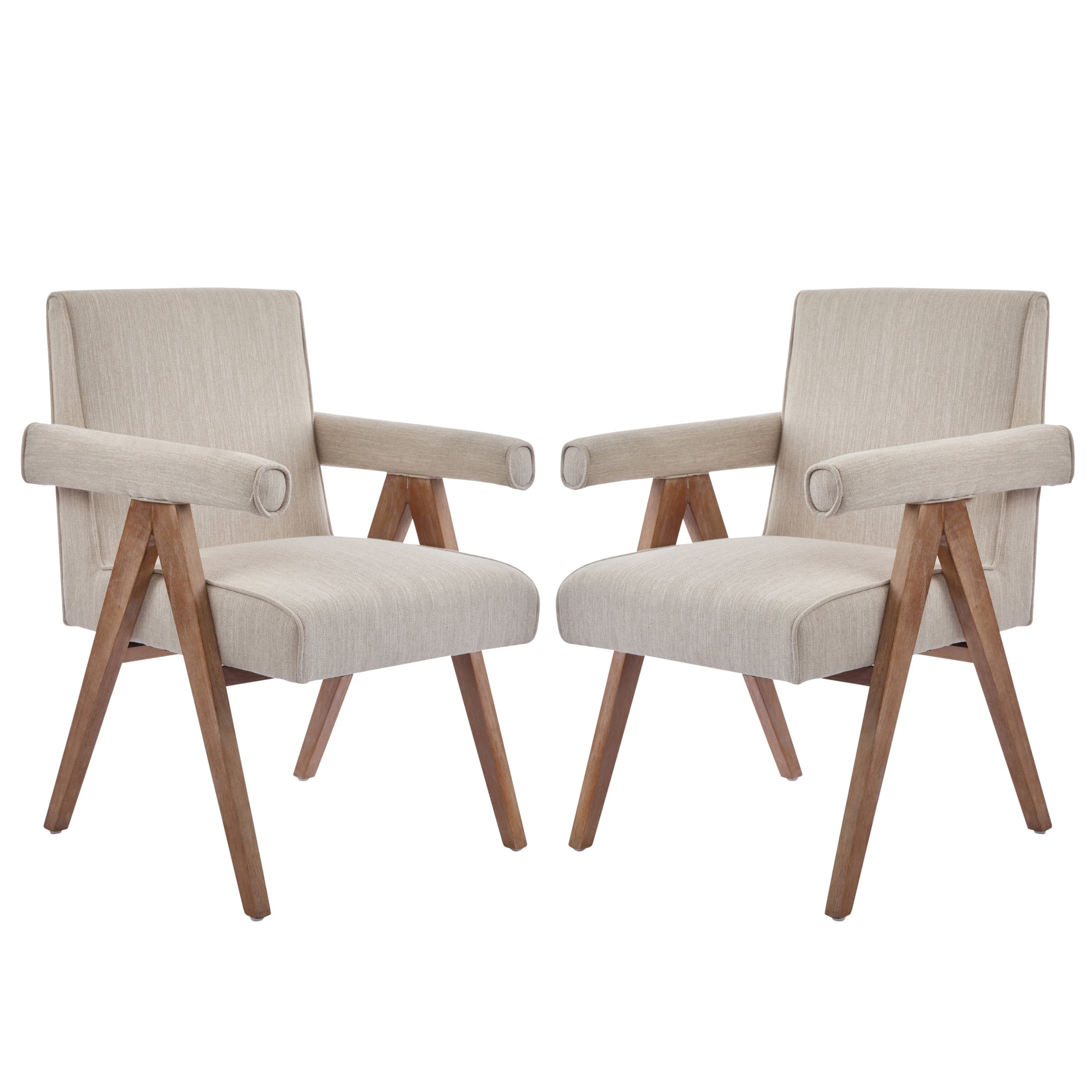 Modern Fabric Upholstered Dining Chair, Rubberwood Frame, Beige, Set of 2