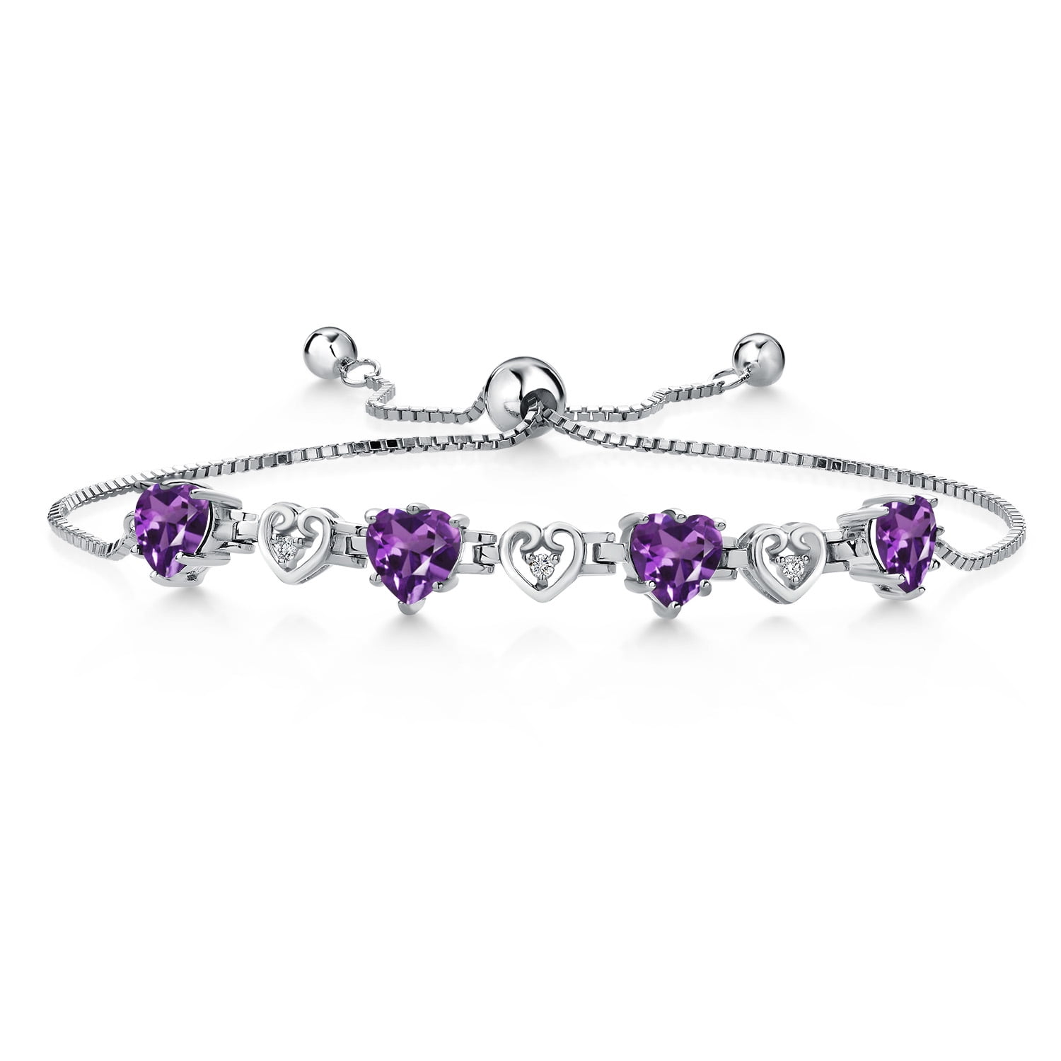 Gem Stone King 925 Sterling Silver Purple Amethyst and White Lab Grown Diamond Bracelet for Women (3.24 Cttw, Gemstone February Birthstone, Heart Shape 6X6MM, Fully Adjustable up to 9 inches)