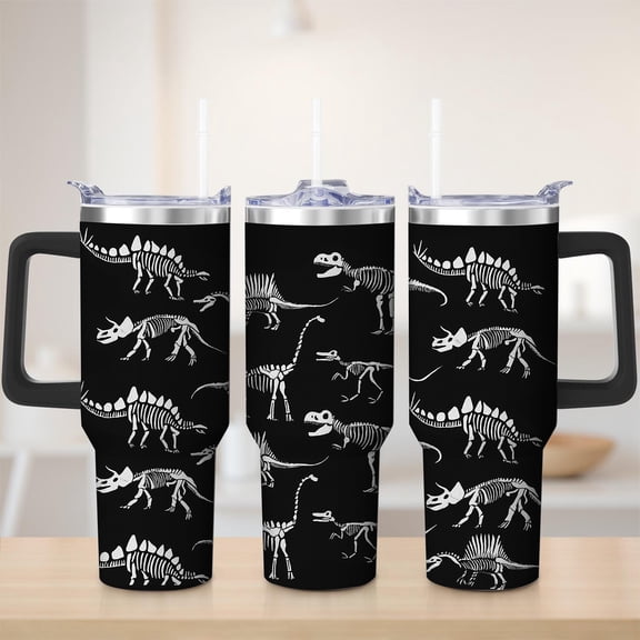 Dinosaur Skeleton Black Stainless Steel Insulated Mug with Lid and Handle, 30oz