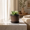 thumbnail image 6 of Planters for Outdoor Plants Imitation Whiskey Barrel Plastic Flower Pot 8.85 Inch, Wood Grain Decorative Planter with Drainage Holes & Matching Saucer for Garden Balcony Indoor Potted Plant Decor, 6 of 7