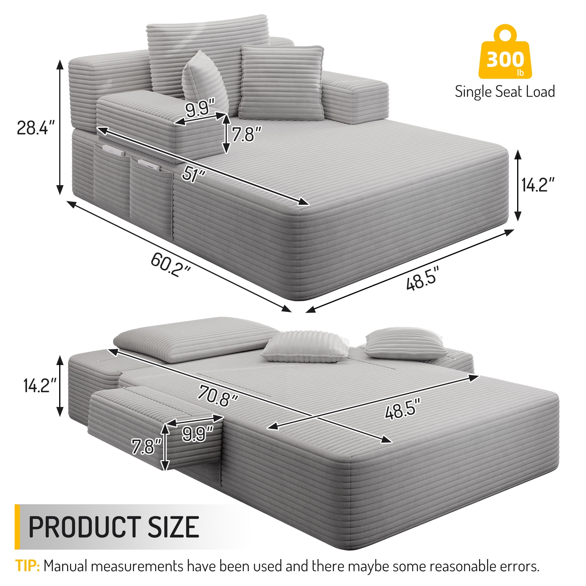 Alvantor Oversized Corduroy Convertible Chaise Lounge Sofa Bed, Light Gray