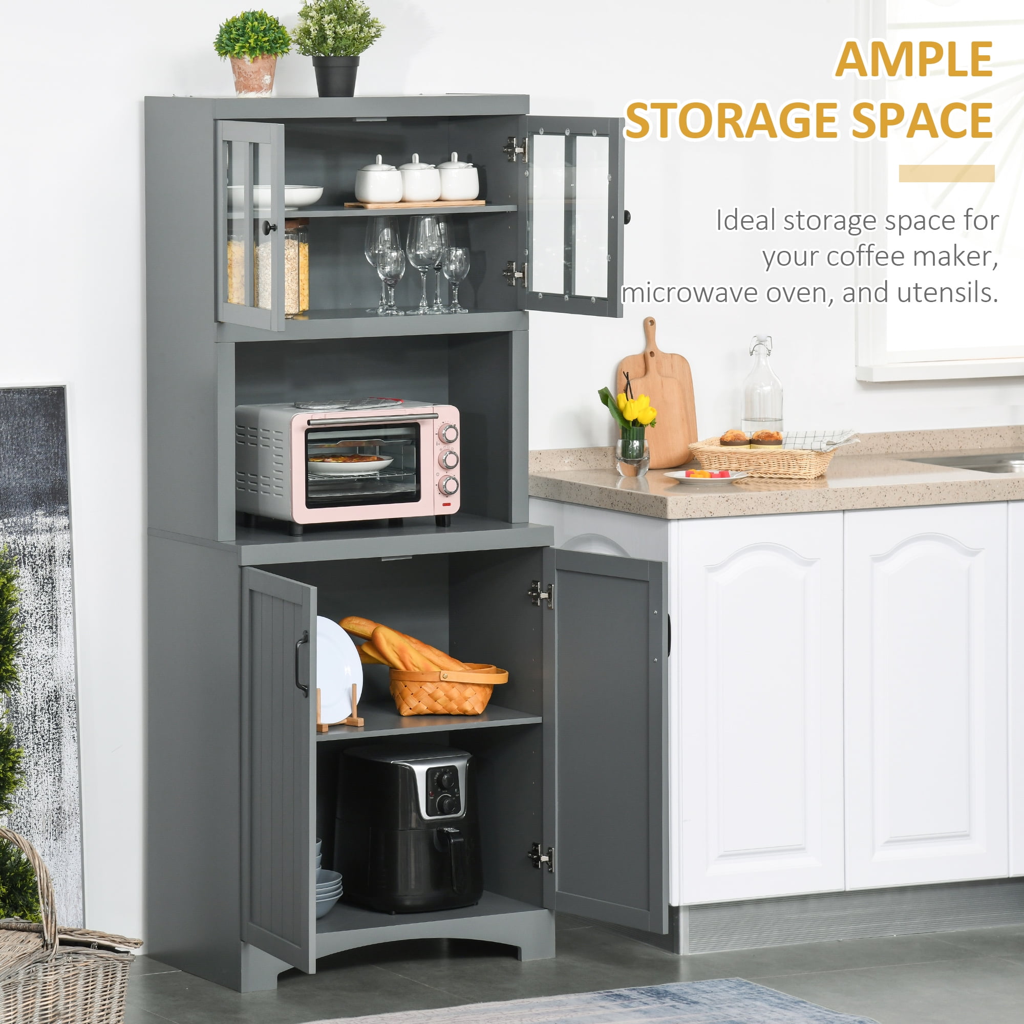 HOMCOM Kitchen Hutch, Pantry Cabinet with Glass Framed Door, Adjustable Shelves and Microwave Space for Dining Room, Gray