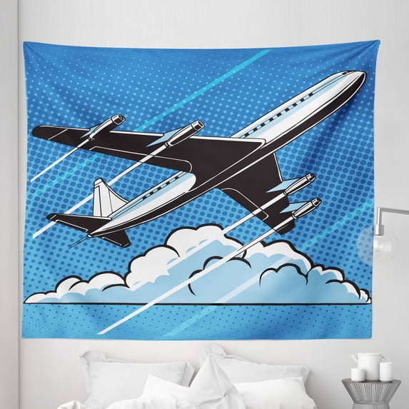Airport Tapestry, Pop Art Take Off Plane and Clouds on Polka Dots, Fabric Wall Hanging Decor for Bedroom Living Room Dorm, 5 Sizes, Azure Blue Sky Blue, by Ambesonne