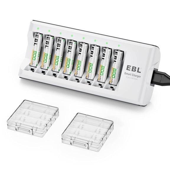 EBL 8 Pack of AAA Batteries NiMH Rechargeable Battery 800mAh with 8-Slot Battery Charger for AA AAA Battery