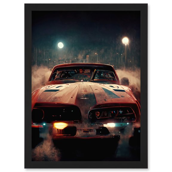 Classic Sports Car Muscle Cinematic Night Atmospheric Race In Fog Artwork Framed Wall Art Print A4
