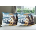 thumbnail image 2 of Ambesonne Cat Throw Pillow Cover Pack of 4, Sunbathing Kitten Seaside Shore, 4 Pcs-36" x 16", Blue Pale Mustard, 2 of 5