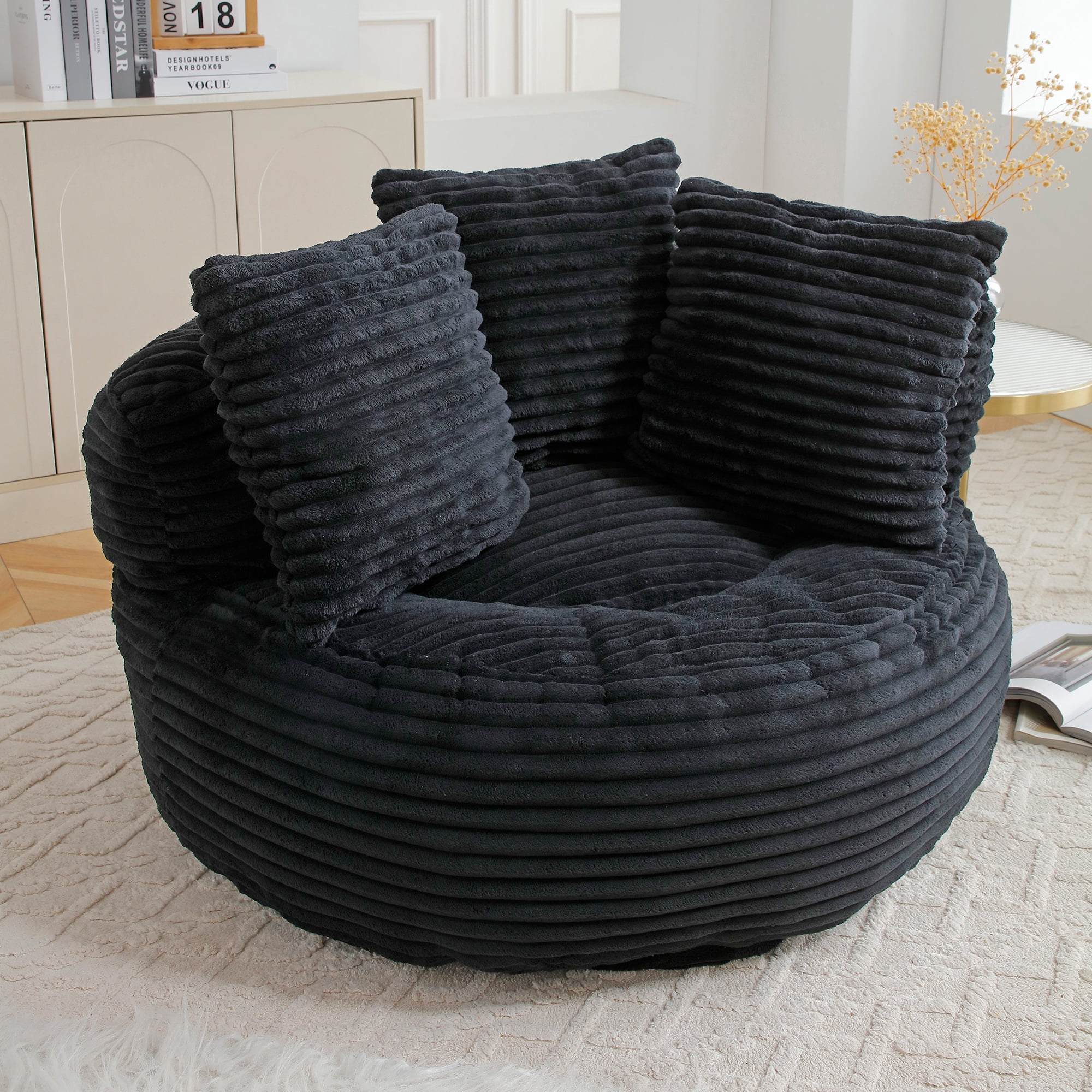 HIUU 45" Large Black Bean Bag Chair with Pull String,Fluffy Memory Foam Bean Bag Chair for Reading,Adult Beanbag Chairs,Fireplace Lazy Sofa Chairs