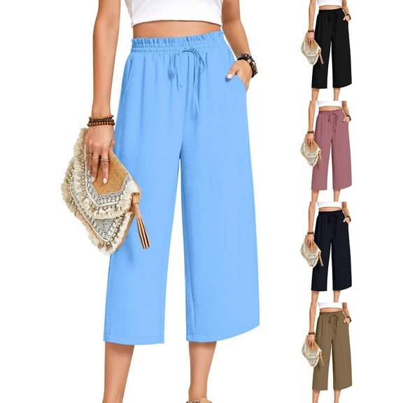 Back Packs Sales for School, BiZtdJrK Womens Capri Pants Drawstring High Waisted Wide Leg Lounge Pants Solid Casual Loose Cropped Trousers with Pockets Black XXL