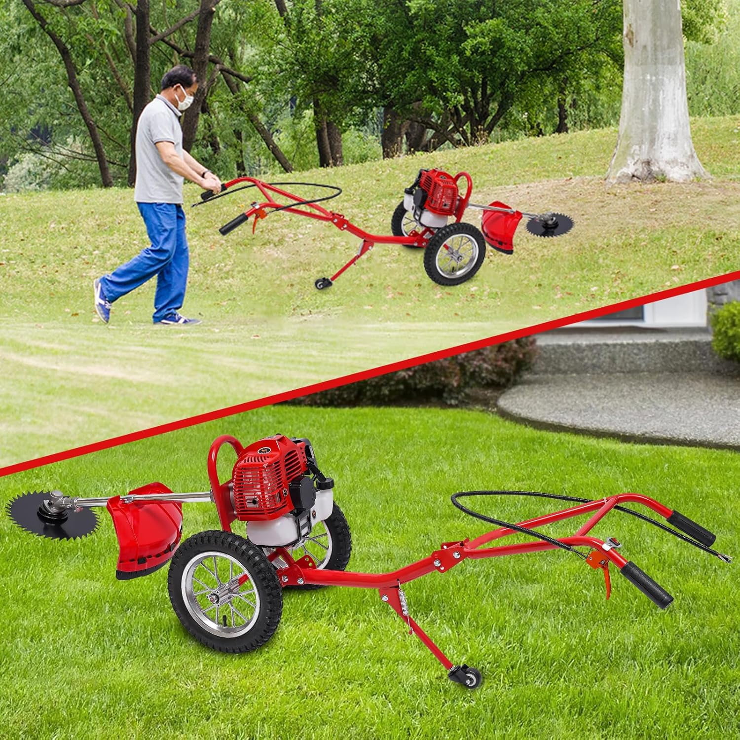 Miumaeov 49CC 2-Stroke Gas Powered Lawn Mower, Hand Push Lawn Mower Trimmer, Brush Mower Gasoline Brush Broom Sweeping Machine, Gas Brush Cutter String Trimmer for Yard