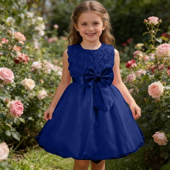 CIAKGIAF Big Girls Dresses Casual Mesh Fluffy Bow Comfortable Round Neck Summer Sleeveless Princess Party Dress Blue for 2-14Y