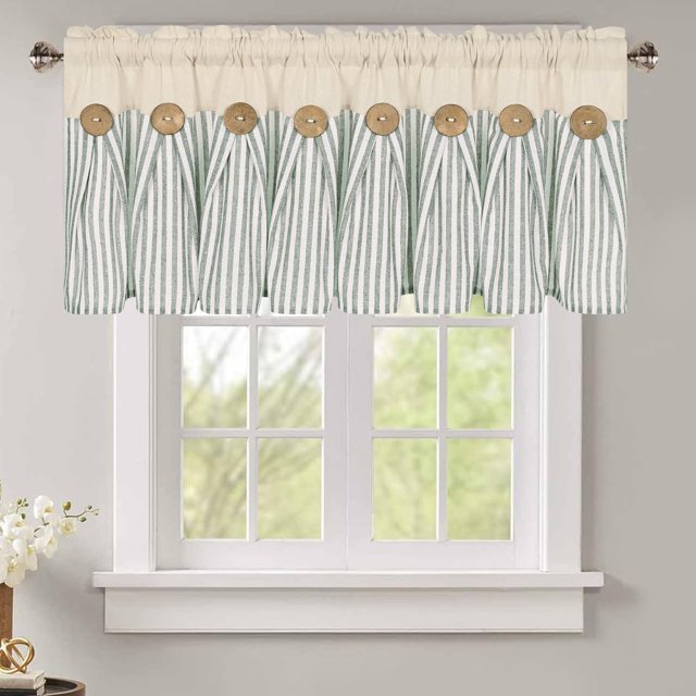 Cortinas con cenefa BLEUM CADE de algodón y lino para cocina de granja