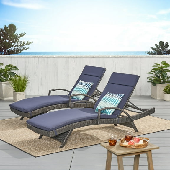 Anthony Outdoor Wicker Armed Chaise Lounges with Cushions, Set of 2, Grey, Navy Blue