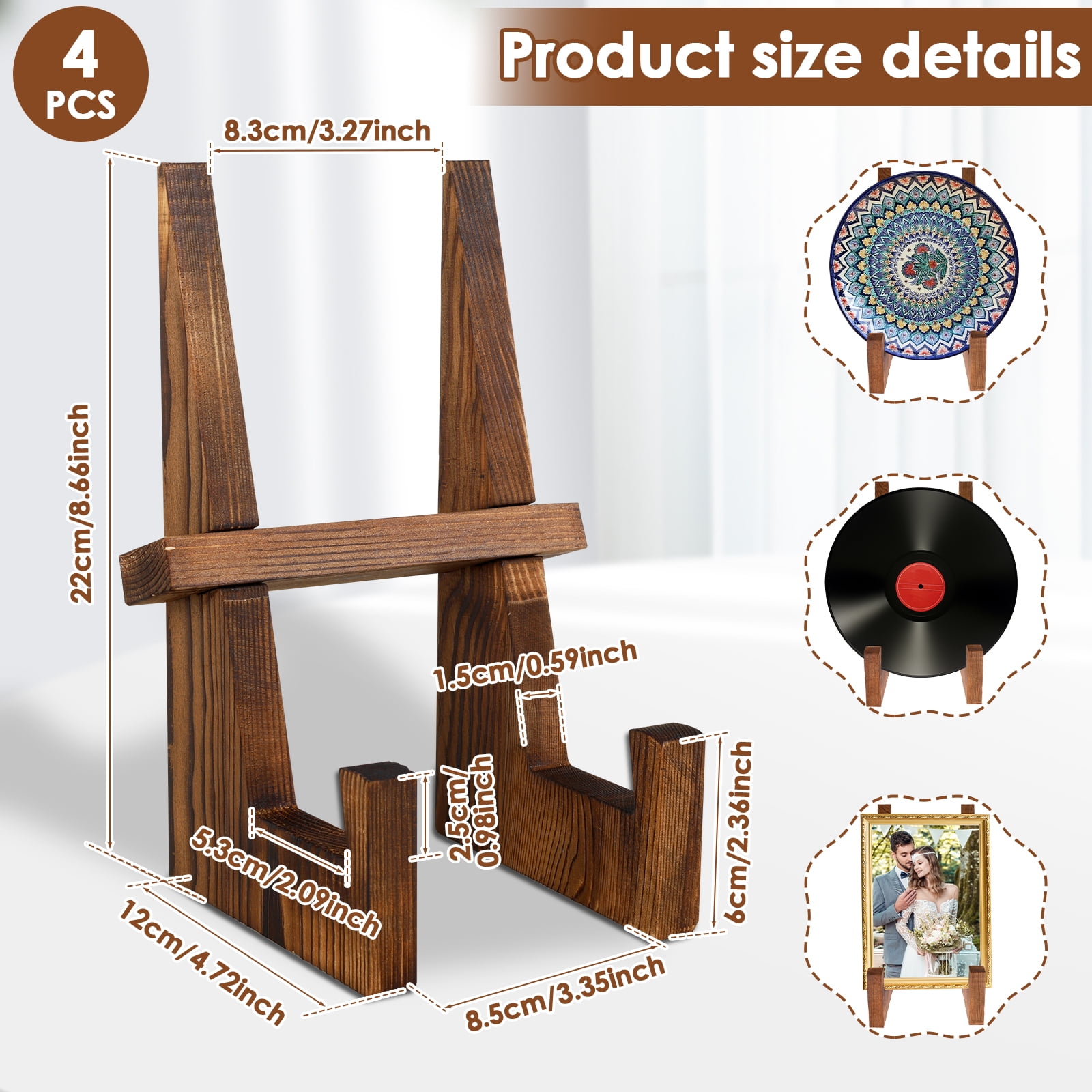 4 Pcs Wooden Plate Display Stand 8.66 Inch Plate Holder for Decor Wooden Picture Frame Holder Stand Decorative Table Top Easels for Home