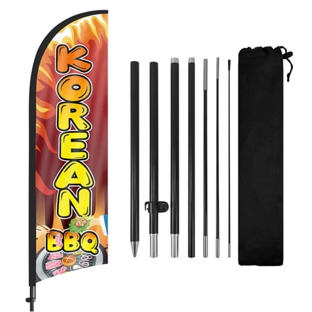 Korean BBQ Advertising Feather Flags Banner 8Ft, Korean BBQ Swooper Flag with Pole and Ground Stake, Advertising Feather Flag Signs for Korean BBQ Business