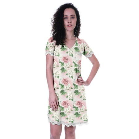 

Moomaya Printed Nightwear Dress For WomenS Short Sleeve V-Neck Sleepwear Nightgown Dress