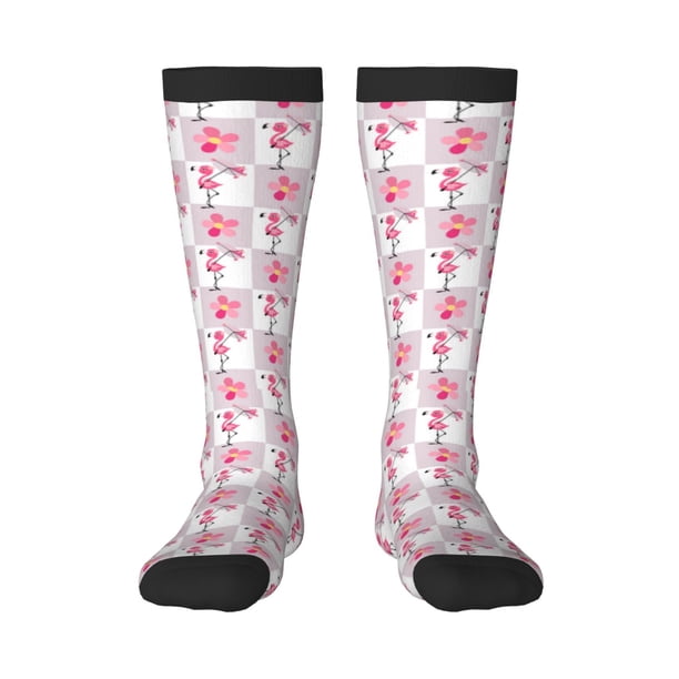Fotbe Flamingo On Checkered Calcetas Divertidas Estampadas para Hombre y Mujer, Calcetas de Algodón hasta la Rodilla para Caminar, Correr, Enfermería y Embarazo