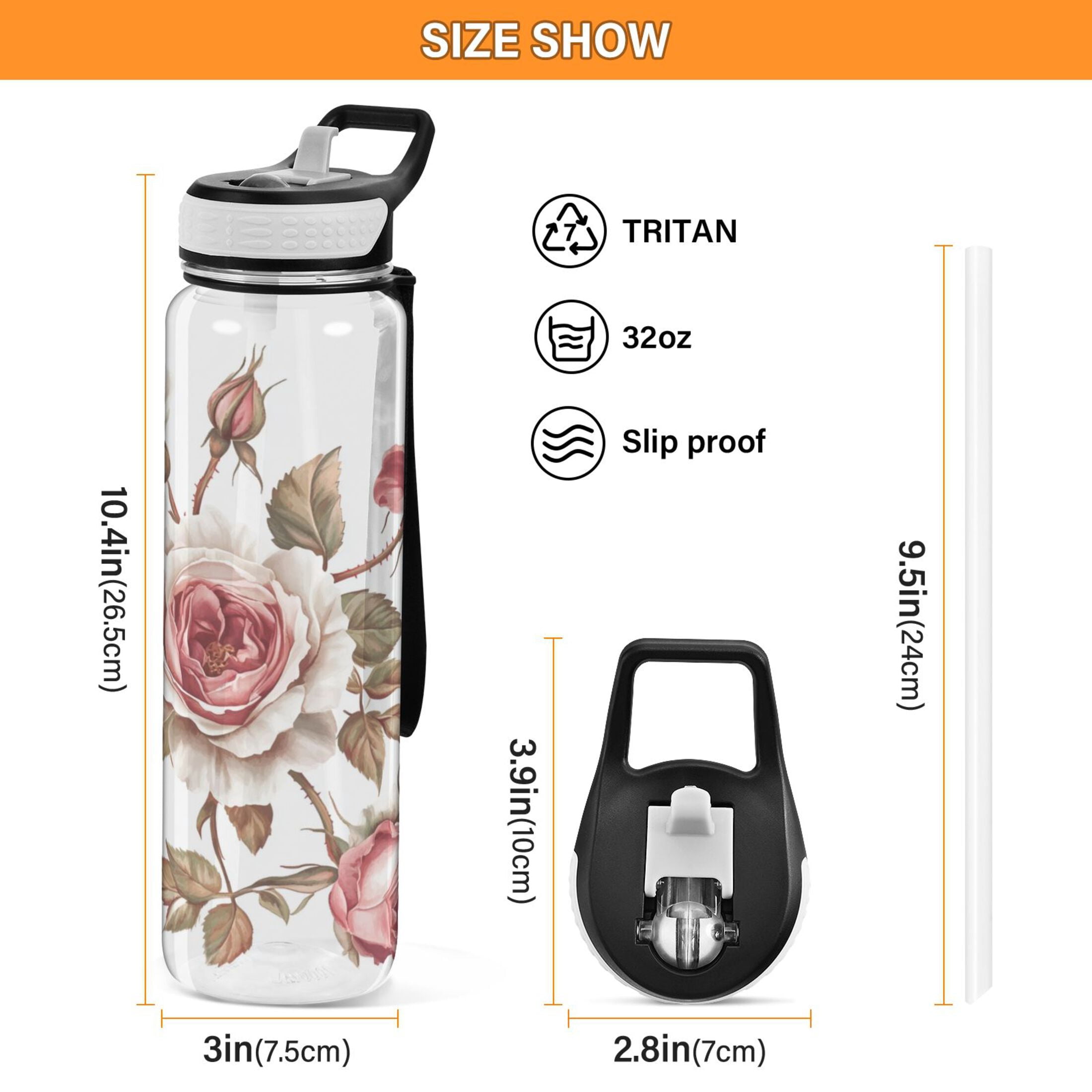 Sports Water Bottle 1000ML Tritan Food Grade Clear Water Bottle Fitness Outdoor Sports Bike Five Pink Roses