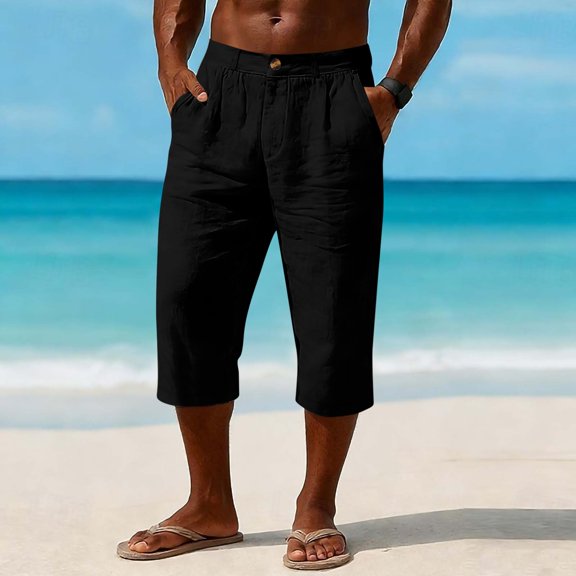 LEKWK Mens Capri Pants Elastic Waist Casual Linen Capri Pants Lightweight Loose Pull On Lounge Pants with Pockets Summer Beach Vacation Outfits